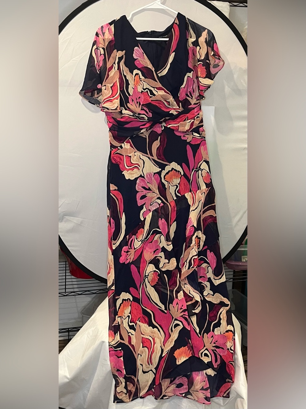 Maggy London Navy Maxi Dress with Pink & Cream Floral Pattern